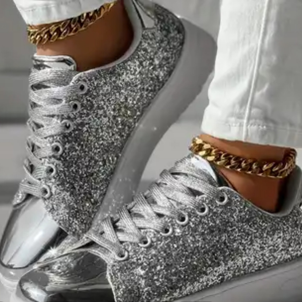 Silver Glitter Platform Sneakers for Women Size 8 - Picture 2 of 6